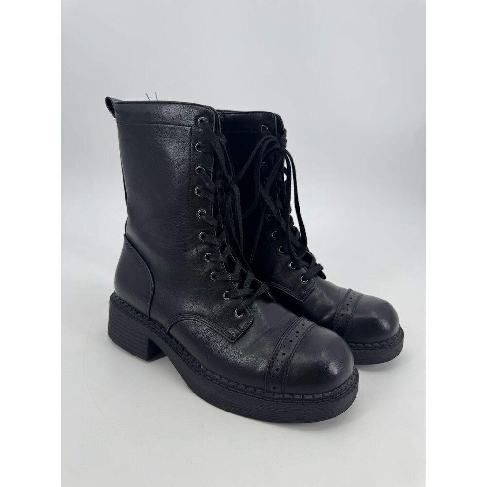 Wild Fable Helga Combat Boots Black Lace Up Side Zip Cap Toe Brogue Womens 8.5 - Picture 2 of 9